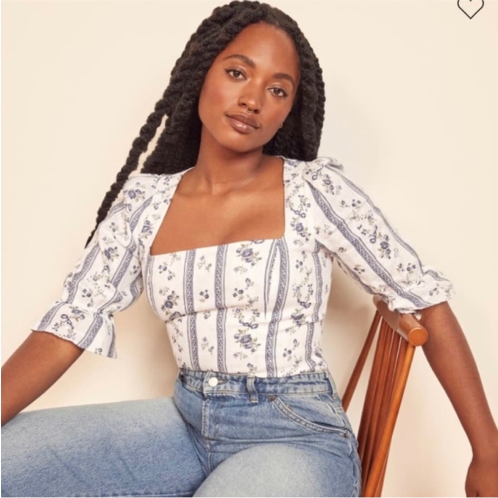 Floral White and Blue Reformation blouse